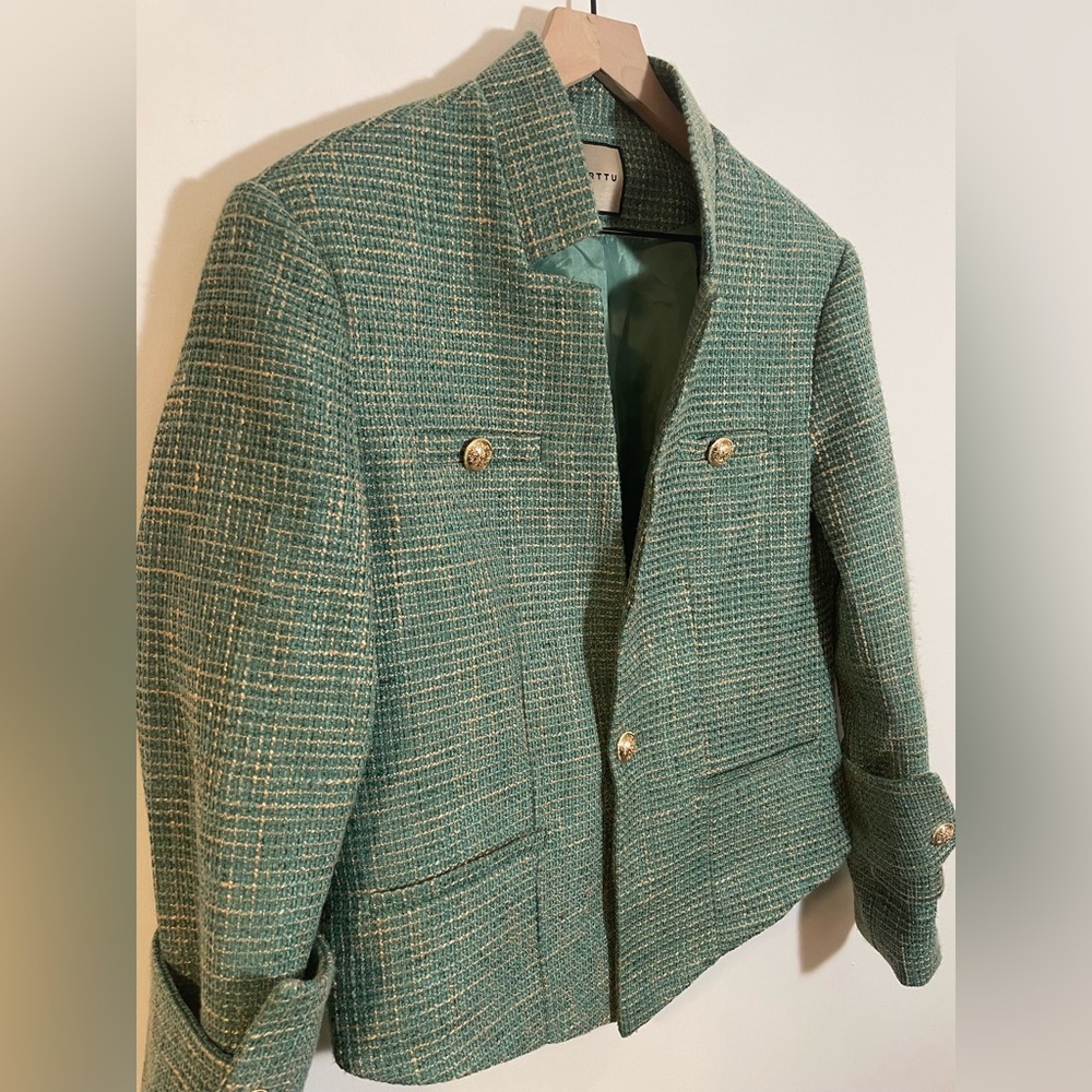 ORTTU Star Neck Jacket Green Tweed Gold Accents Size Medium Military Glamor $290 - Picture 5 of 13